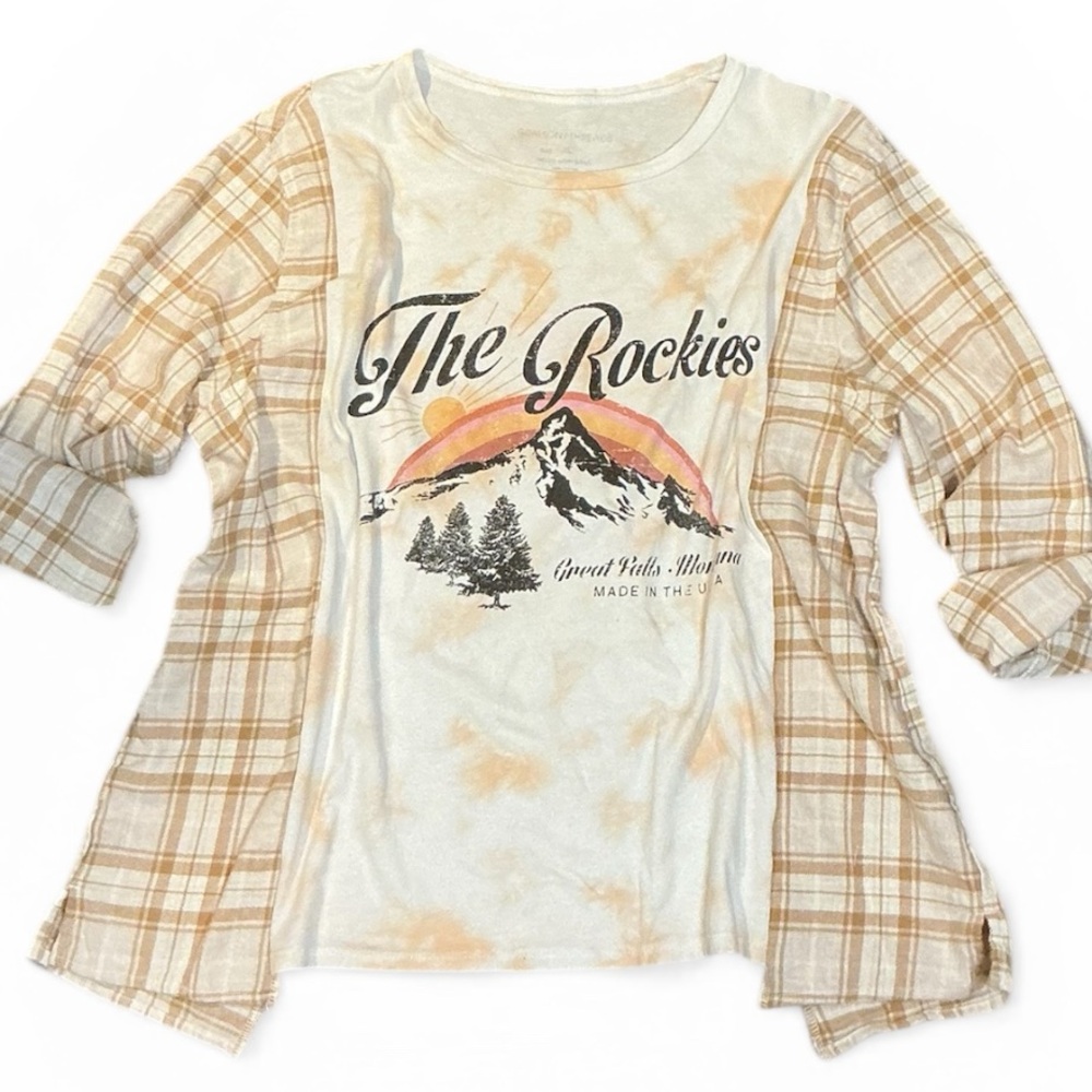 The Rockies Graphic T Shirt Flannel Shirt Upcycled Top Rainbow Mountains